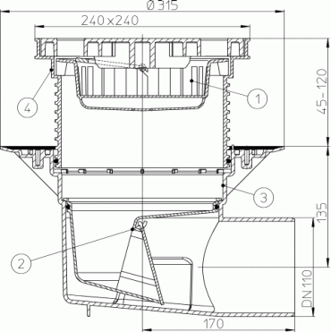 HL615LDN 110 решетка из ПП 226х226мм Трап PERFEKT, Надставной элемент с подрам, Клапан против запаха