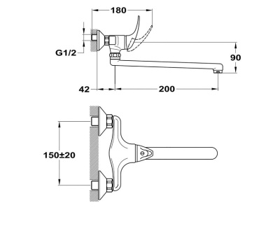 301 JUN Смеситель для мойки, настенный,c плоским изливом 200 мм. MOFEM