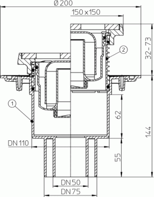 HL 310NG- DN 50/75/110 Трап с решеткой и подрамником из чугуна, видим части 137х137 
