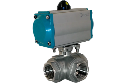 Кран шаровой  3-ходовой Т-образный 1,1/4" DN 32 AISI 304 с двухсторонним пневмоприводом AT63D