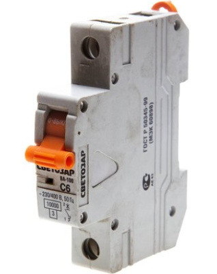 Автоматический выключатель СВЕТОЗАР, 1 полюсный, 6А,220/400 В,10 Ка,тип расцепления "С"