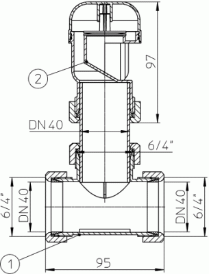 HL 904Т  Воздушный клапан с тройником (две конус гайки) DN 40;  р.в 5,5л/с3