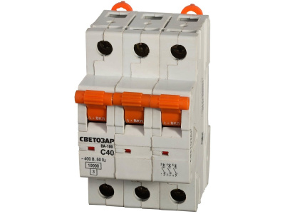 Автоматический выключатель СВЕТОЗАР, 3 полюсный, 63А, 400 В,10 Ка,тип расцепления "С"