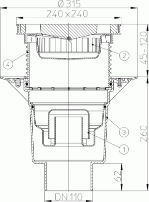 HL616W/1 DN 110 решетка чугун 226х226мм Трапы PERFEKT,  Гидразатвор  вертикальный выпуск