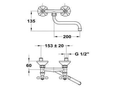 301 TREFF  Смеситель для мойки, настенный, излив 200 мм. с классической кран-буксой MOFEM 