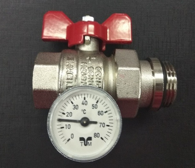 Кран шаровой со сгоном 1" НВ с термометром для коллектора красная бабочка TIEMME 2120043 