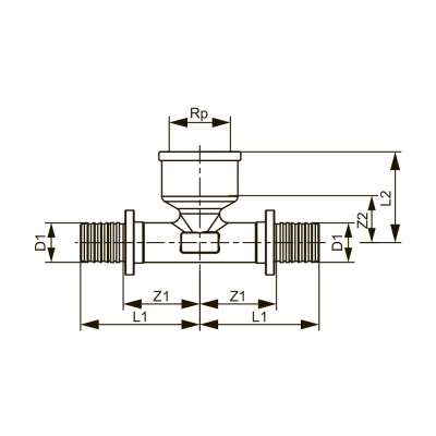 TECEflex Тройник  90°, 16 x 1/2" x 16, Внутренняя резьба, бронза 709801 аксиальный фитинг
