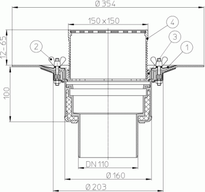 Кровельная воронка DN100с зажимным элементом и подогревом (10-30Вт/230В). Проход - 148х148мм/137х137