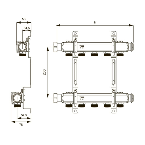 Коллектор из нержавеющей стали TECE 12x 3/4" 1" расп. подающей и обратной линий для подк. радиаторов