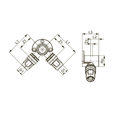 Тройник  угловой с настенным креплением  16 х 1/2" PPSU-латунь внут. р. TECElogo-Push 8620007