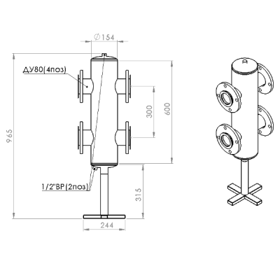 Гидравлический разделитель Мощность 400 кВт 3х3 (1 контур) фланцевый GS 80F AISI 304 ПроксиТерм