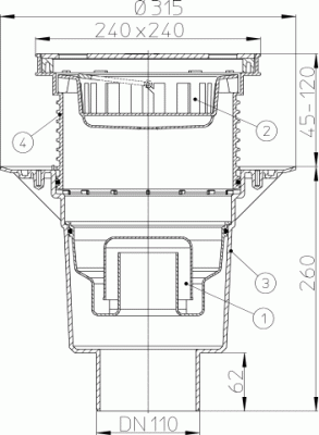 HL616S/1 DN 110 решетка сталь 226х226мм Трапы PERFEKT,  Клапан против запаха, вертикальный выпуск