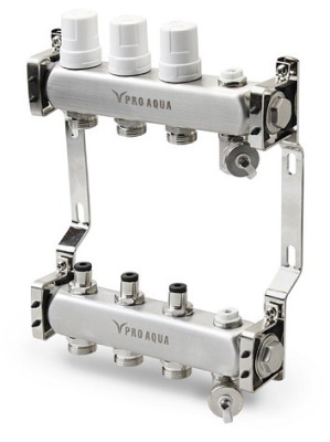 Коллекторный блок с регулировочными клапанами на 8 выходов 1"х3/4"х480мм AISI304 PRO AQUA R510MB.08