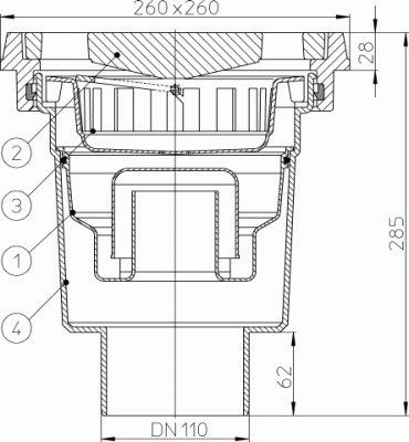 HL606.1W/1 DN 100 решетка чугун 226х226мм Трапы серии PERFEKT, Гидрозатвор