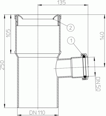 HL202 Отводящий патрубок, с дополнительным раструб. DN50; выпуск DN110.