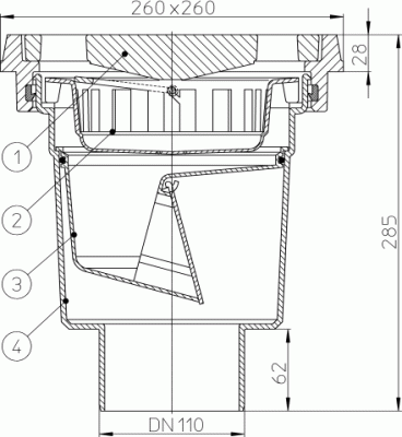 HL606/5 DN 160 решетка чугун 226х226мм Трапы серии PERFEKT, Клапан против запаха