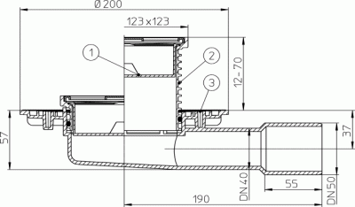 HL 90 DN 40/50 Трап для балконов и террас с горизонтм выпуском,высота корпуса (57мм) решетка115х115