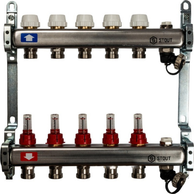 Коллекторный блок STOUT с расходомерами 1"х 5 вых x 3/4" SMS-0927-000005 нержавеющая сталь