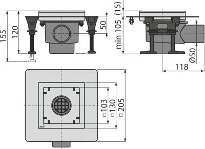 Сливной трап нержавеющей стали 130х130 мм боковой сток, без решетки, мокрый гидрозатвор APV120