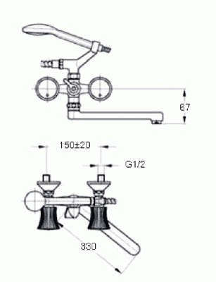 607 КОМЕТА CER  Смеситель для ванны-умыв.с плоск. излив 330 мм. с держат. с керам. кран-буксой MOFEM