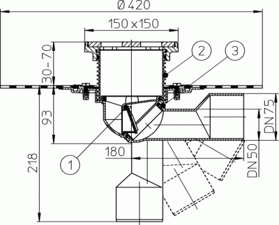 HL81GHDN50/75Трап для балконов и террас как HL81G но с гидроизоляцим полимербитум полотном 115х115