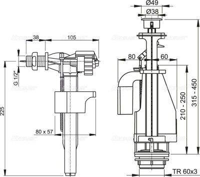 Комплект выпускной арматуры ALCAPLAST SA08AS , 2-ур ,ниж. подкл. 1/2" , расход 3/6 л. резьб. пластик