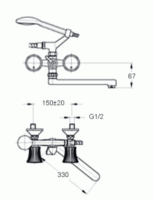 607 КОМЕТА   Смеситель для ванны-умыв.c плоским изл. 330 мм. с держ. с класcич. кран-буксой MOFEM