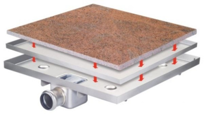 Трап GEBO облицованный плиткой пола,300х300х100,расход 25 л/мин,из нерж.стали AISI 304,гориз.выпуск.