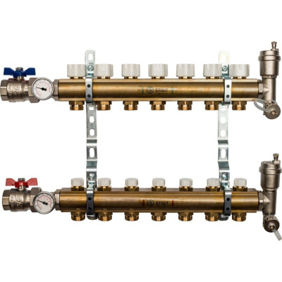 Комплект   коллекторный блок с запорными клапанами STOUT 1"х 7 вых x 3/4" SMB 0468 000007 из латуни