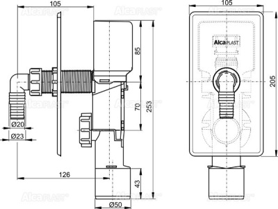 Обратный клапан DN 40/50 для стиральной машины под штукатурку, нержавеющая сталь  APS3P  ALCAPLAST
