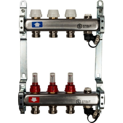 Коллекторный блок STOUT с расходомерами 1"х 3 вых x 3/4" SMS-0927-000003 нержавеющая сталь