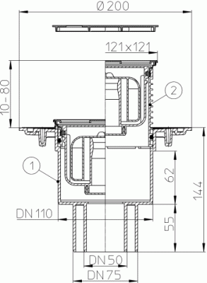HL 310Npr-3000 DN 50/75/110 Трап с подрамником из нержавеющей стали; решетка 115х115 