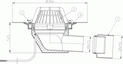 Кровельная Воронка HL64,1 DN75/110   горизонтальная с листвоуловителем; с фланцем из нержавейки