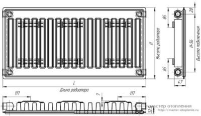 Радиатор "Лидея" компакт ЛК ТИП 22 Высота 300 мм Длина1800 мм 2522 Вт  Боковое подключение ЛК 22-318
