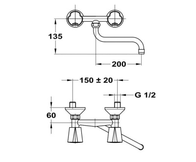 306 DIAMANT  Смеситель для мойки, настенный, излив 125 мм. с классической кран-буксой MOFEM 