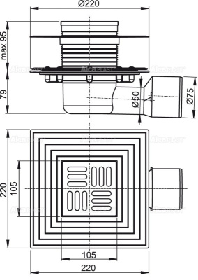 Трап 105х105/50/75 мм боково сток, решетка из нержавеющей стали, гидрозатвор сухой и мокрый APV3344