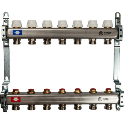 STOUT Коллекторная группа нерж. с запорными клапанами 1"х 7 вых.x 3/4" SMS 0922 000007