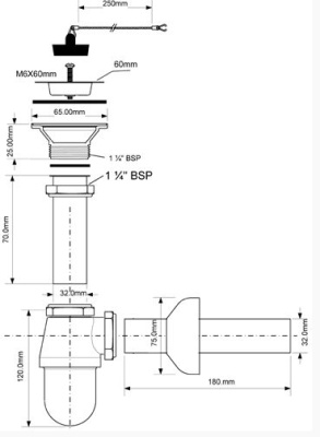 Сифон бутылочный с выпуском Ø 60х1,1/4" с пробкой  McAlpine