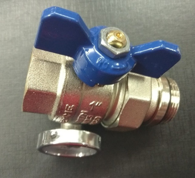 Кран шаровой со сгоном 1" НВ с термометром для коллектора синяя бабочка TIEMME 2120042