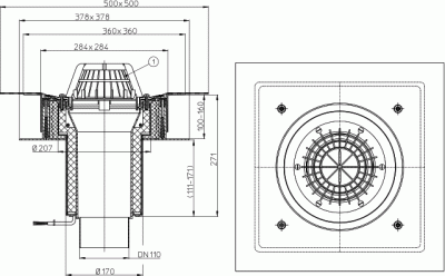 Кровельная воронкаHL63.1H/1 DN110 , из профлиста, с битумн. полотном с монтажным коробом, с листвоул