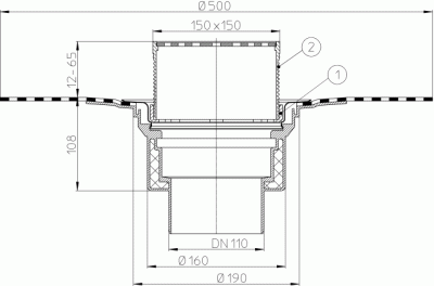 HL62BH/5 DN 160 Кровельная воронка с теплоизоляцией и гидроизоляционным полотном, вертикальная.