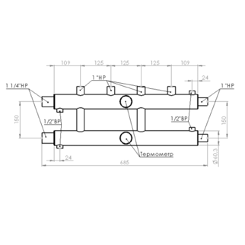Распределительный коллектор 85 кВт 3 контура 1,1/4х1 GK 32-2.1 AISI 304 ПроксиТерм