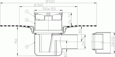 HL 72.1H DN75/100 Трап с гидрозотвором полимербитумным полотном, с плпстиковой решеткой