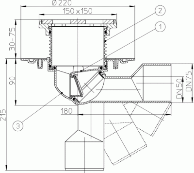 HL 81G DN 50/75 Трап для балконов и террас с подрамником и решеткой из чугуна  решетка 137х137
