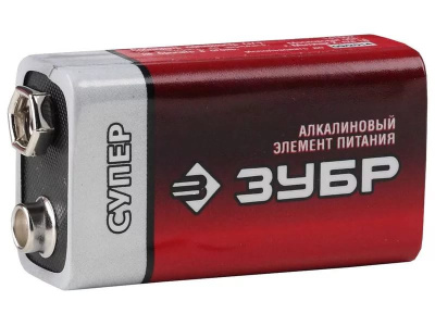 Батарейка ЗУБР СУПЕР , тип КРОНА, 6LR61 - 9В - 1.5B , щелочные(алкалиновые) на карточке, 1 шт.уп.