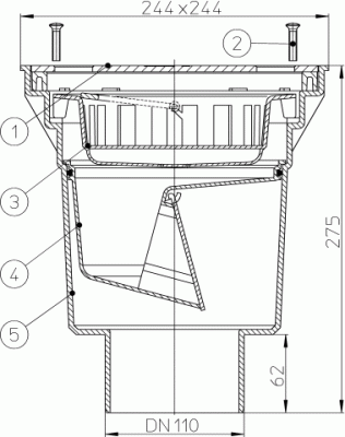 HL606S/5 DN 160 решетка сталь 226х226мм Трапы серии PERFEKT, Клапан против запаха