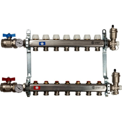 Комплект коллекторный блок с запорными клапанами STOUT 1"х7 вых x 3/4" SMS 0912 000007 нерж.сталь
