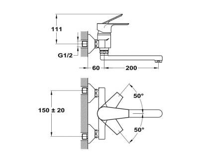 301 TREND PLUS Смеситель для мойки, настенный,c плоским изливом 200 мм. MOFEM