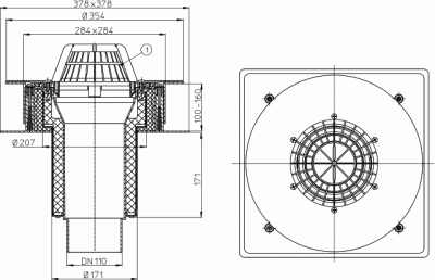 Воронка для кровель из профлисHL63P/2DN125 с теплоиз для ПВХ мембран с монтаж. коробом, с листвоул