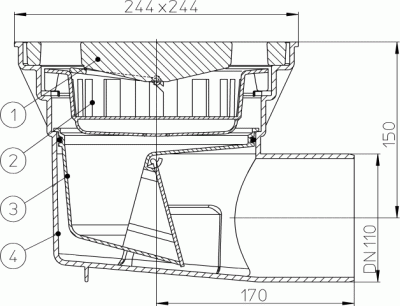 HL605 DN 110 решетка чугун 226х226мм Трапы серии PERFEKT, Клапан против запаха